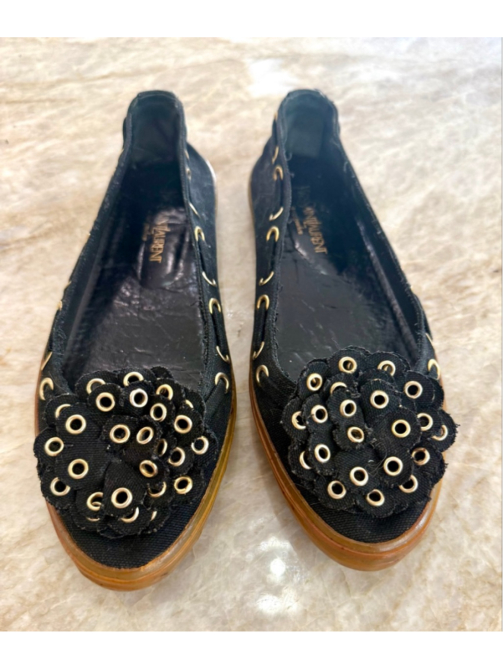 Yves Saint Laurent vintage Black & metallic Eyelet with floral Flats 8.5 - Picture 3 of 9